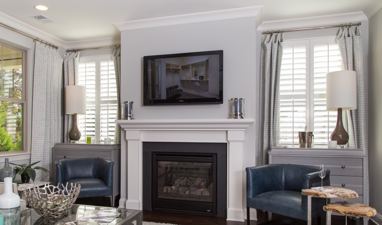 Southern California mantle with plantation shutters.
